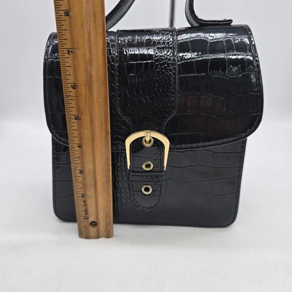 Croc Embossed Vegan Patent Leather Front Buckle Mini Bag Teacher Classic Black - Picture 4 of 6